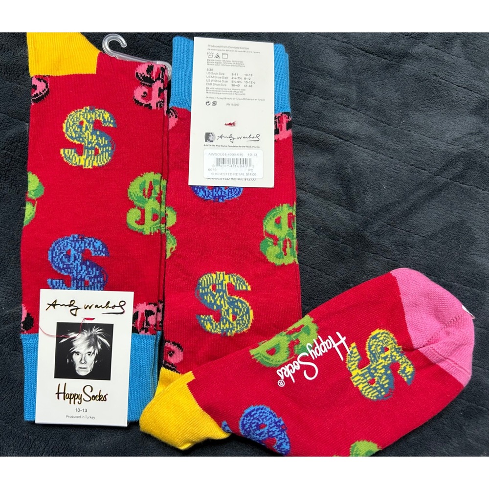 Happy Socks Unisex Andy Warhol Dollar Sign Cotton Blend 10-13 Red 1 pair
